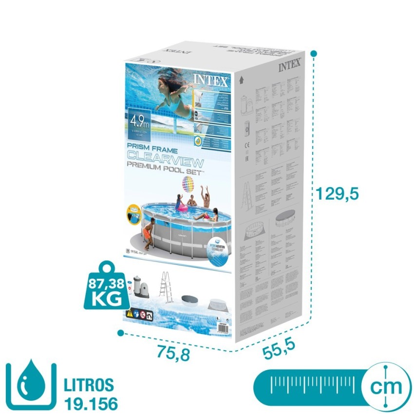 Pack Piscina tubular Prism Frame Clearview Ø488x122 cm com 6 acessórios | INTEX