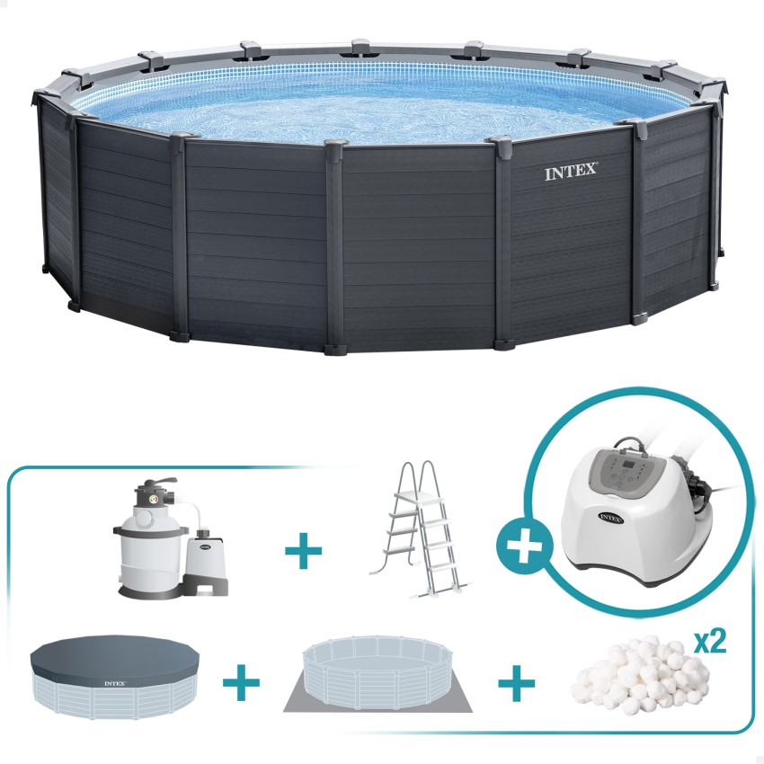 Pack Piscina Graphite Gray Panel Ø478x124 cm com 6 acessórios | INTEX